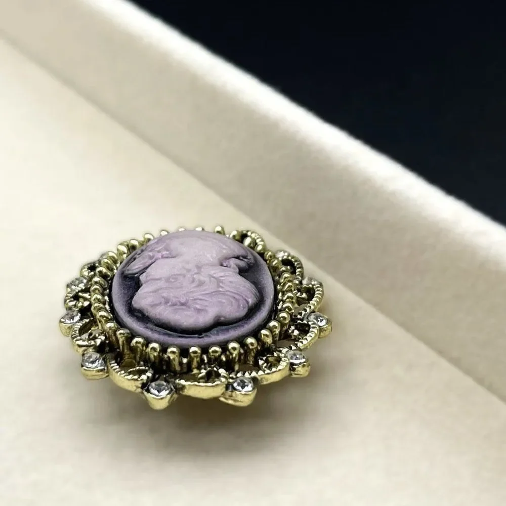 Yellow Gold and Purple with Diamond Crystal Victorian Lady Cameo Pin Back Brooch